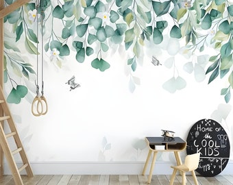 Herb wallpaper, flowers and butterflies wallpaper peel and stick, floral wall mural, green botanical vinyl wallpaper, canvas wallpaper