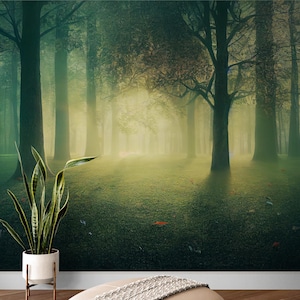Green forest wallpaper, self adhesive nature wall mural, peel and stick trees wallpaper, accent botanical wallpaper, living room wallpaper