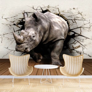 Extra large 3D self adhesive wall mural, peel and stick rhinoceros wallpaper, removable animal photo wallpaper, accentual wallcovering