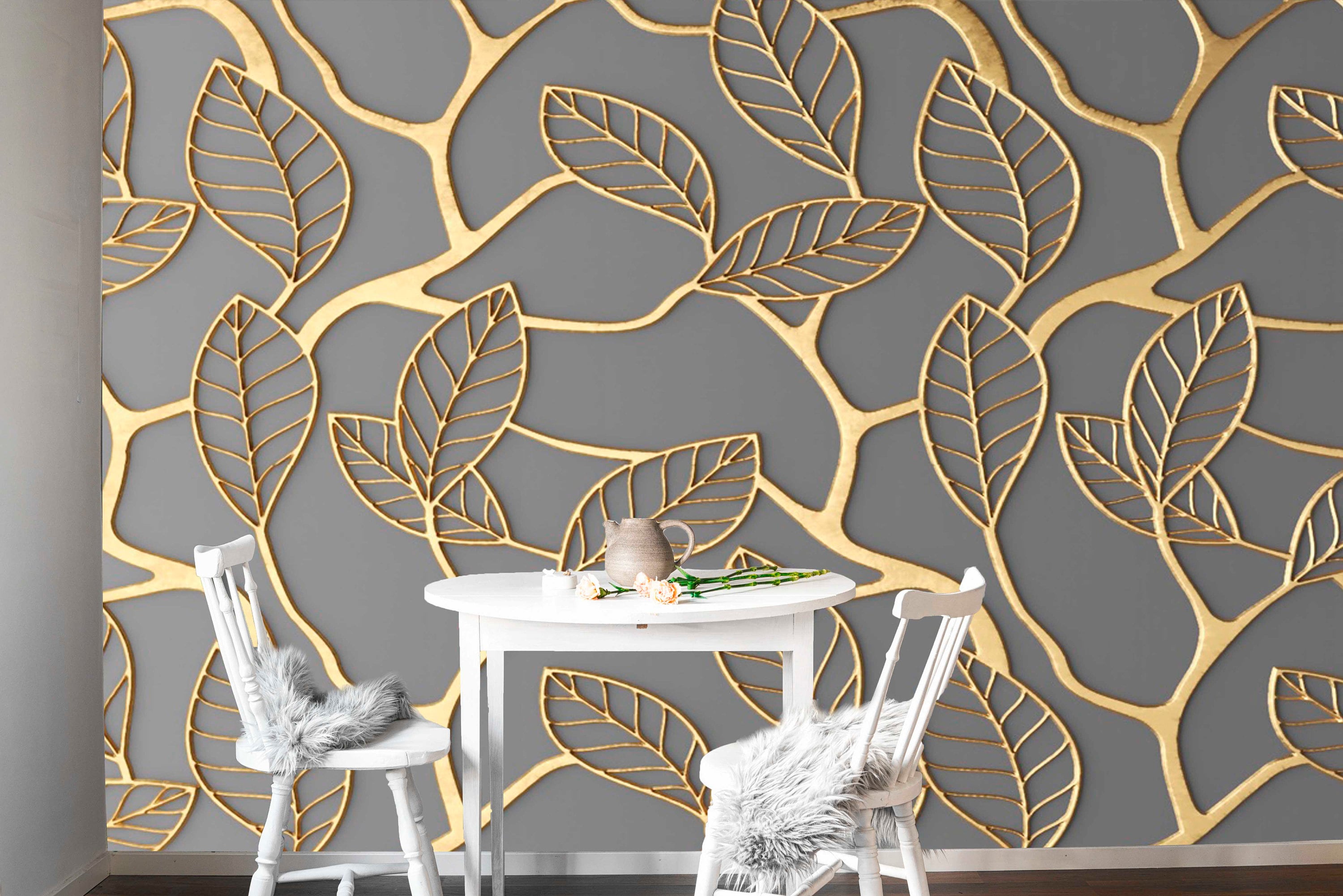 Large golden leaves peel stick wallpaper, botanical self adhesive wall mural, accentual gold gray photo wallpaper, temporary abstract mural