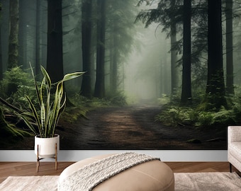 Extra large forest wallpaper, self adhesive road wall mural, green peel and stick wallpaper, trees wallpaper, temporary botanical wallpaper