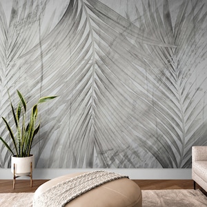 Black white self adhesive wall mural, extra large grey banana leaves wallpaper, peel and stick feathers wallpaper, temporary bedroom mural