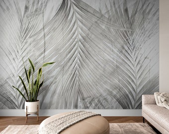 Black white self adhesive wall mural, extra large grey banana leaves wallpaper, peel and stick feathers wallpaper, temporary bedroom mural