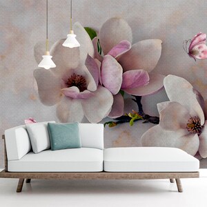 Extra large floral wallpaper, peel and stick 3D wall mural, accentual pink wallpaper, self adhesive wallcovering, blossom branch wallpaper
