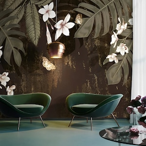 Вark botanical wallpaper, flowers and butterflies 3d wallpaper peel and stick, floral wall mural leaves, vinyl wallpaper, canvas wallpaper