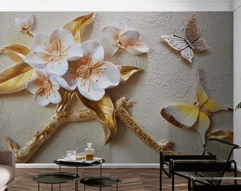 Floral 3D peel and stick wallpaper, large removable white flowers canvas wall mural, self adhesive photo mural, white gold photo wallpaper