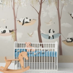 Nursery peel and stick wallpaper, pandas self adhesive wall mural, accentual kids wall decal, temporary animal wallpaper, vinyl boy mural