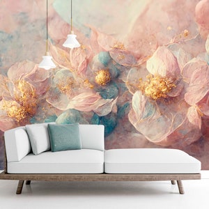 3d flowers wallpaper, extra large peel and stick wall mural, pink blue self adhesive wall mural, accentual floral wallcovering, canvas mural