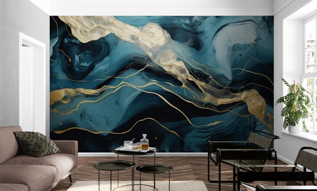 Buy Abstract Peel and Stick Wallpaper, Extra Large Blue and Gold Wall