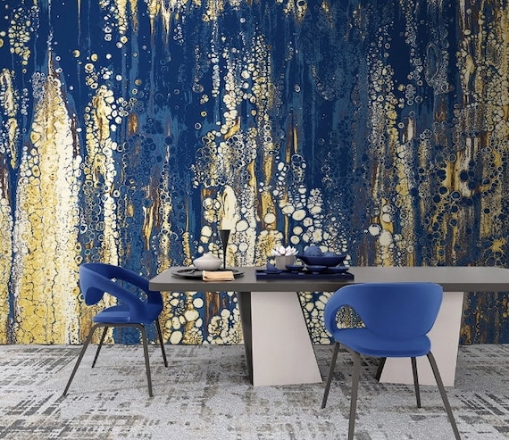 Goud blauw behang abstract behang en plak - Etsy België