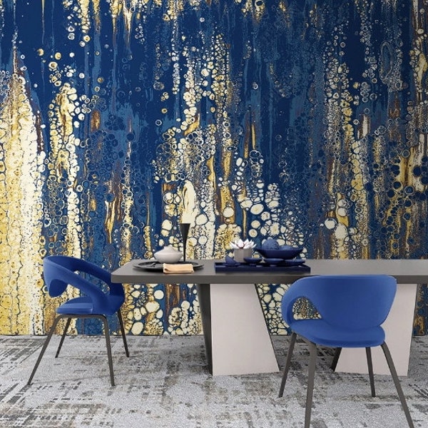 Gold and blue wallpaper, abstract wallpaper peel and stick wall mural, oversized wall mural, modern bedroom wallpaper