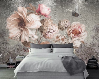 Boho flowers wallpaper peel and stick, large wall flower mural, floral wall mural, vinyl wallpaper, canvas wallpaper