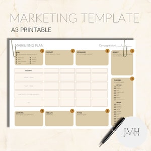 May include: A printable marketing plan template in a light brown and white color scheme. The template is divided into nine sections: Goal, Product, Consumer, Benefit, Channel, Learning, Results, Image, and Campaign Start. Each section has a title and a space for notes.