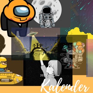 Könnte beinhalten: Eine Collage aus bunten Illustrationen mit Astronauten, Raumschiffen, Planeten und Comicfiguren. Das Wort "Kalender" ist unten im Bild in weißer Kursivschrift geschrieben.