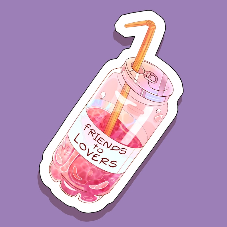May include: A pink and white sticker with a cartoon illustration of a can of soda with a straw. The can has a label that says "Friends to Lovers".