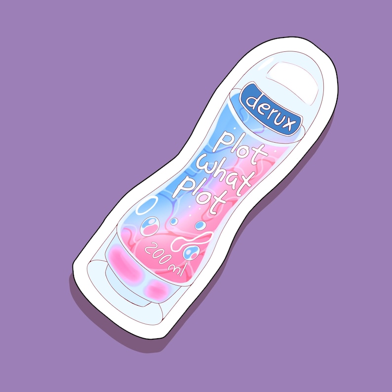 May include: A sticker of a blue and pink bottle with the text "derux" and "plot what plot" on it. The bottle is labeled with "200 ml".