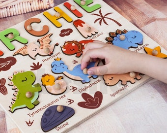 Personalized Puzzle Name with Dinosaurs, Custom Name Puzzle for Toddlers, Toy Gifts for Baby Boys, Wooden Baby Keepsake, Baby Shower Gift