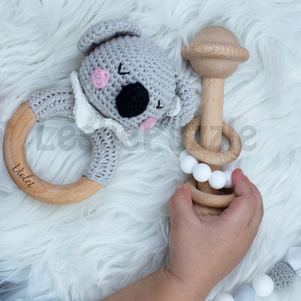 Personalized Animal Rattle|Baby Shower Gift| Grasping toy|Custom Wooden Baby Rattle|Crochet Rattle Toy|Gift for Christmas
