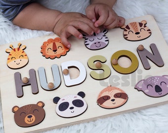 Rompecabezas de nombre personalizado con animal, nuevos regalos de Navidad para niños, juguetes de madera baby shower juguetes personalizados para niños pequeños primer cumpleaños 1er regalo de bebé