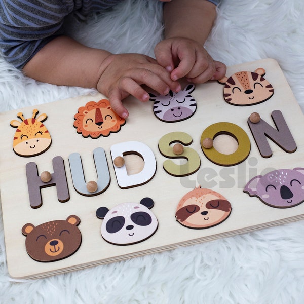 Personalized Name Puzzle With Animal,New Christmas Gifts for Kids,Wooden Toys Baby Shower Custom Toddler Toys First Birthday 1st Baby Gift