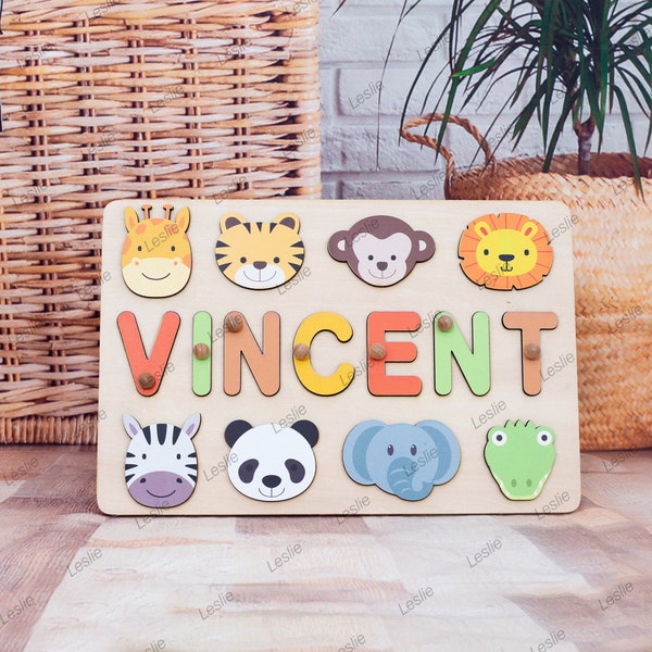 Name Puzzle with Animal, Montessori Toys,Birthday Baby Gift, Baby Shower Gift, Wooden Toys for Toddlers,Personalized Gift