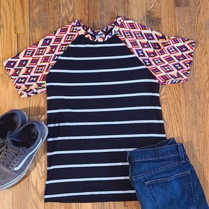 Handmade Short Sleeve T-shirt for Men with Black and White Stripes, Geometrical Diamonds Accent Sleeves, and Crew/Raglan Neck-Multiple sizes