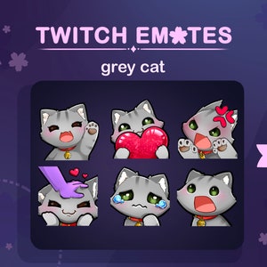 6 Grey Cat twitch emote pack
