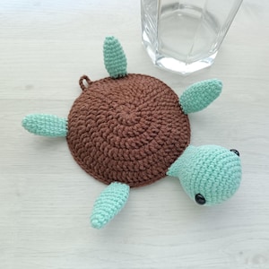 Funny Turtle Coaster Crochet Pattern No Sew Amigurumi Pop-Up Mug Rug Animal Cup Holder