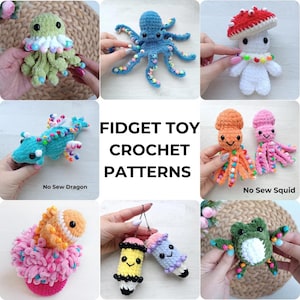 May include: A collection of crochet fidget toys featuring a green jellyfish, blue octopus, mushroom creature, dragon, orange and pink squids, clownfish, pencil charms, and a green frog, all adorned with colourful plastic beads and text FIDGET TOY CROCHET PATTERNS.