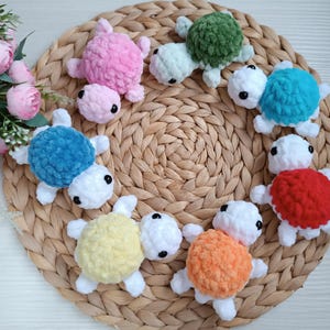 Pu&ograve; includere: Una collezione di otto giocattoli di tartaruga all'uncinetto in vari colori, tra cui rosa, blu, verde, rosso, giallo e arancione. Le tartarughe sono disposte in cerchio su un tappetino di paglia intrecciato.