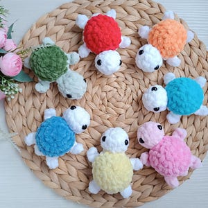 Pu&ograve; includere: Otto giocattoli di tartaruga all'uncinetto in vari colori, tra cui rosso, arancione, verde, blu, rosa e giallo. Le tartarughe sono disposte su una superficie di vimini intrecciato.