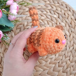 Könnte beinhalten: Eine handgefertigte orange-braune Häkelkatze mit großen schwarzen Augen und einer rosa Nase. Die Katze hat eine flauschige Textur und einen kleinen, aufrechten Schwanz. Die Katze wird in einer Hand gehalten, mit einem gewebten Hintergrund.