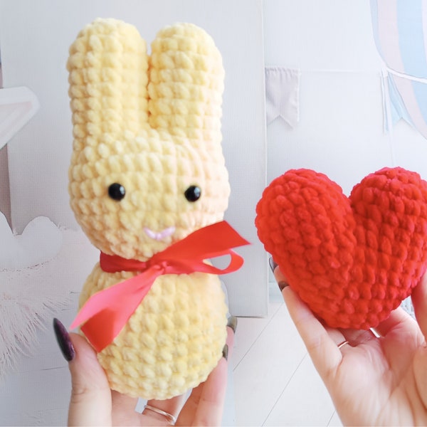 Crochet pattern marshmellow bunny plush with heart Handmade toy for the Easter gift souvenir, Amigurumi tutorial PDF in English