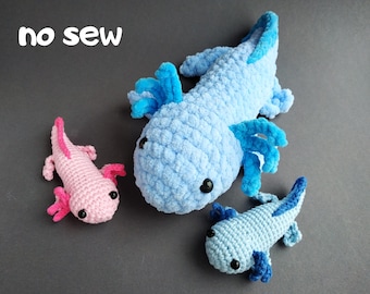 Familia de peluches Axolotl sin coser patrón amigurumi crochet hágalo usted mismo