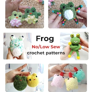May include: A collection of crochet frog plushies and keychains in various colors including green, yellow, and pink, featuring black safety eyes and some with colorful beads. The image includes the text Frog No/Low Sew crochet patterns.