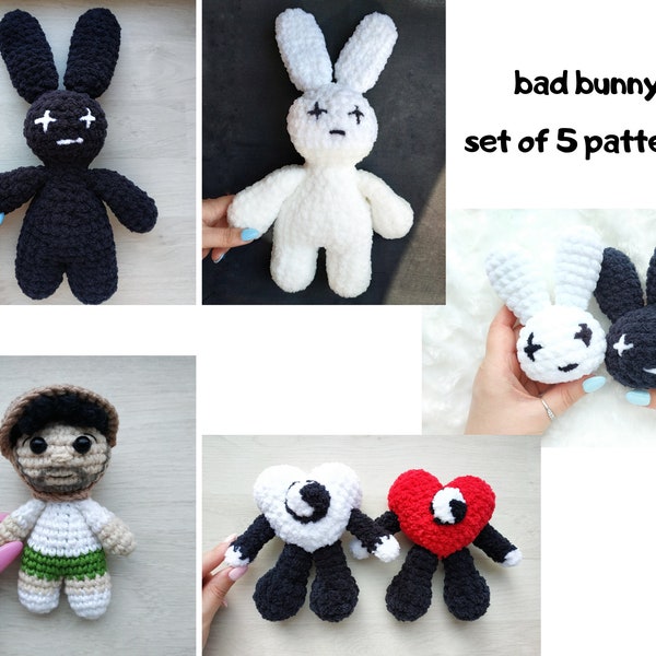 Bad bunny plush, doll and hearts amigurumi crochet pattern plush toys do it yourself Amigurumi tutorial PDF in English
