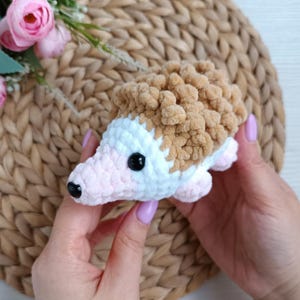 May include: A small, handmade crochet hedgehog toy featuring a light pink snout, a white face, and a textured, tan-colored back. The plush figure has two round, black plastic eyes and a small, black plastic nose, crafted from soft yarn.