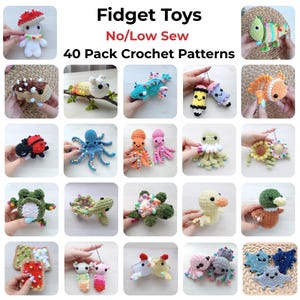 Peut inclure: Une collection de 40 modèles de crochet pour jouets fidget, présentant divers petits personnages, animaux et objets en laine rembourrée. Le texte "Fidget Toys No/Low Sew 40 Pack Crochet Patterns" est affiché en haut de l'image.