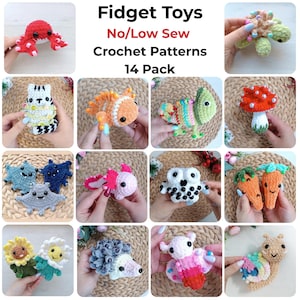 Confezione da 14 Fidget Pocket Buddies senza cuciture, modelli all'uncinetto, amigurumi sensoriali con perline, peluche a forma di palma