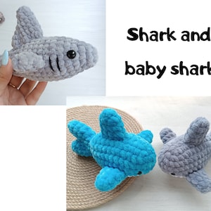 Crochet Shark plush and baby shark low sew pattern Amigurumi tutorial PDF in English