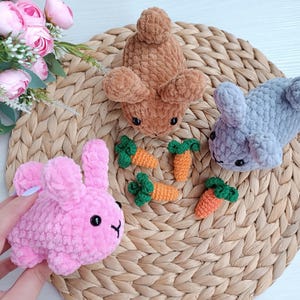 May include: A collection of handmade crochet bunnies in pink, brown, and gray, with black eyes and small carrot decorations. The bunnies are made of soft, textured yarn and are arranged on a woven mat.