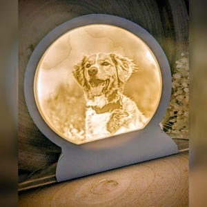 Könnte beinhalten: Runde Nachtlampe mit detailliertem Bild eines Hundes. Der Hund ist braun und weiß, mit offenem Maul. Die Nachtlampe hat einen grauen Sockel und einen kreisförmigen Rahmen. Das Licht strahlt warmes, goldenes Licht aus.