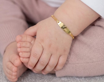 Personligt armband i 14k guld med ID-kort för bebisar, armband med bar, armband för småbarnsnamn, present till nyfödd