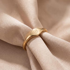 Puede incluir: Un anillo de sello en tono dorado con una superficie lisa y pulida que presenta una letra D en cursiva grabada en el centro de la cara plana. El anillo tiene una banda delgada y redondeada que se estrecha ligeramente hacia la cabeza ovalada.