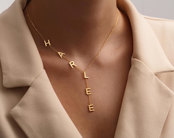 Custom Drop Name Necklace , Lariat Initial Necklace , Gold Name Y Necklace