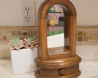 Vintage Handmade Wooden Wall Mirror W/ Drawer