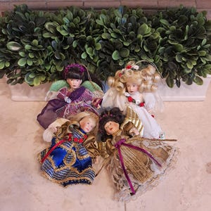 Vintage Set Of 4 Miniature Porcelain Doll Victorian Angel Christmas Ornaments