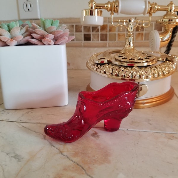 Vintage Fenton Ruby Red Glass Victorian Slipper Shoe