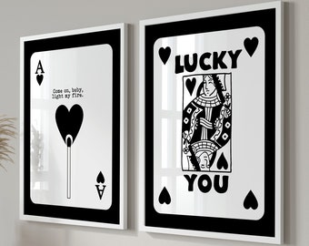 Set Of 2 Prints, Trendy Retro Wall Art Set Of 2, Retro Trendy Aesthetic Print ,Queen of Hearts, Black Ace Card Poster, Lucky You Poster