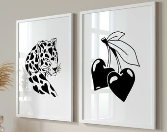 Trendy Retro Wall Art Set Of 2, Set Of 2 Prints,  Retro Trendy Aesthetic Print, Leopard Poster, Cherry Poster Aesthetic, Heart Printable